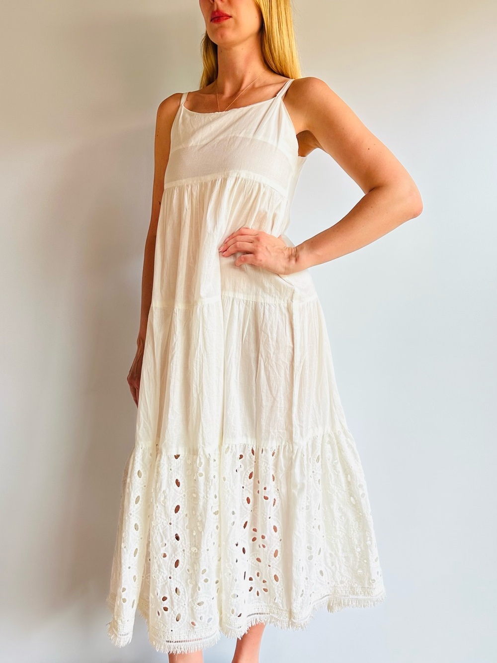 Vintage White Cotton Eyelet Underdress Slip Maxi Dress Boho Prairie Cottagecore